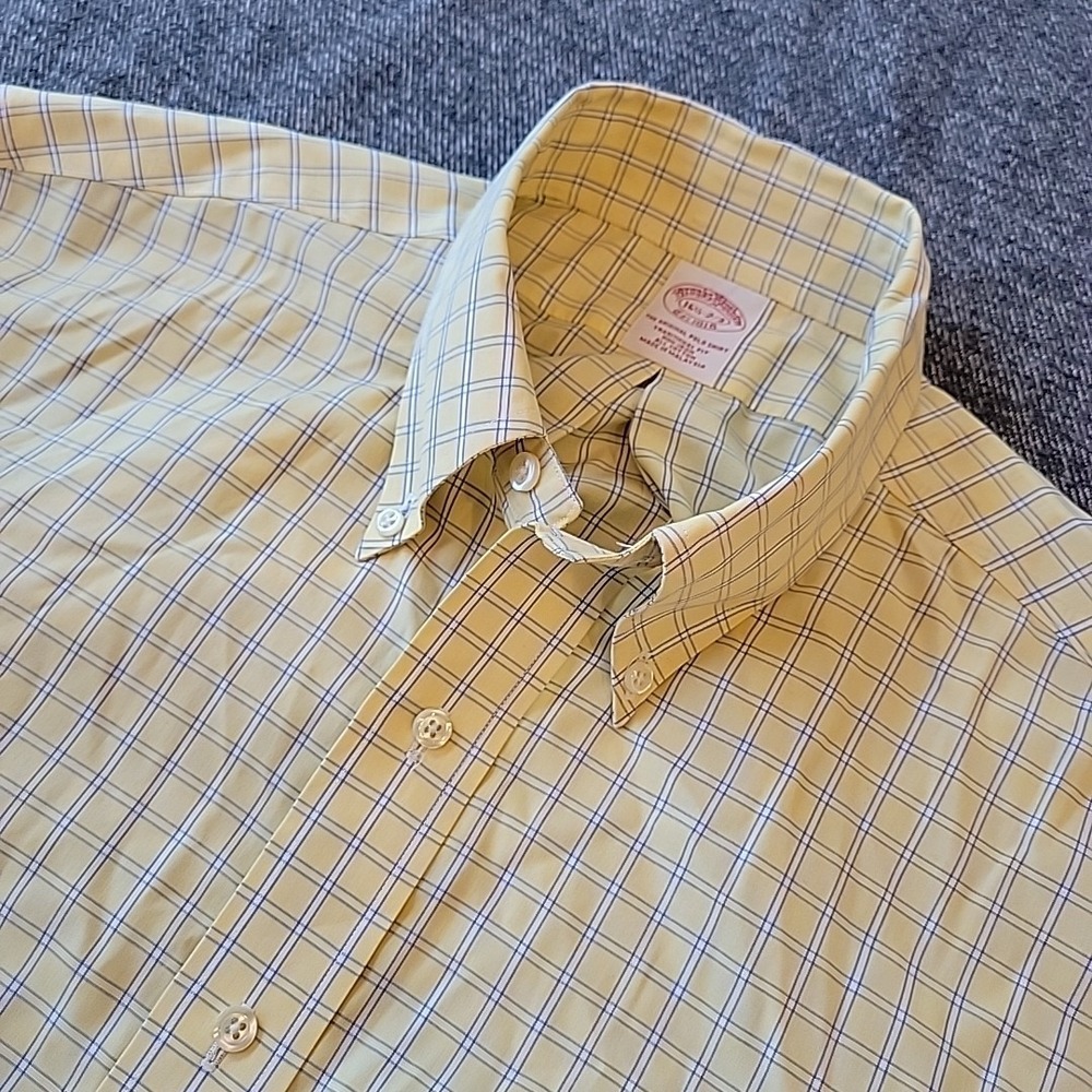 Brooks Brothers Shirt Men's 16.5 2/3 Yellow Blue Plaid Check Button Down OCBD